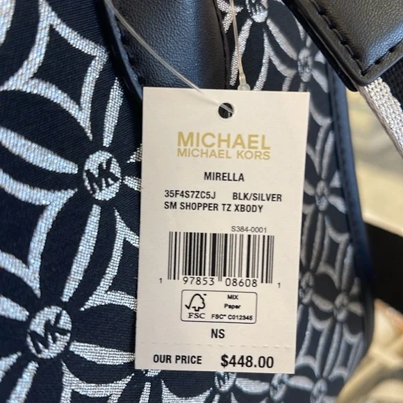 Michael Kors Mirella Small Metallic Logo Jacquard Crossbody Bag Black/Silver 
NW - Picture 16 of 16
